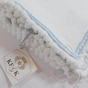 Dedication Baby Blanket, KFGK knits Gift Set with Matching Hat, Pure White Pima Cotton with Light Blue Supreme Cotton Accent, One of a kind image 10