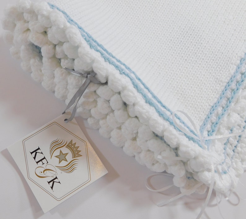 Dedication Baby Blanket, KFGK knits Gift Set with Matching Hat, Pure White Pima Cotton with Light Blue Supreme Cotton Accent, One of a kind image 10