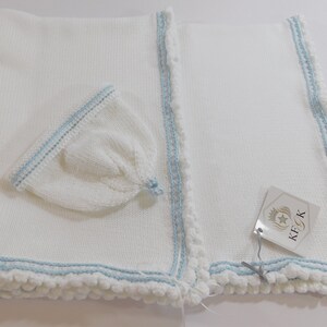 Dedication Baby Blanket, KFGK knits Gift Set with Matching Hat, Pure White Pima Cotton with Light Blue Supreme Cotton Accent, One of a kind image 1