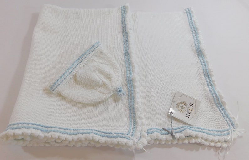 Dedication Baby Blanket, KFGK knits Gift Set with Matching Hat, Pure White Pima Cotton with Light Blue Supreme Cotton Accent, One of a kind image 1