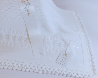 Dedication Blanket, Scalloped Edge, Pure White with Eyelets Embellished with Satin Ribbons, KFGK Design, 100% Pima Cotton, One of a kind!