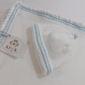 Dedication Baby Blanket, KFGK knits Gift Set with Matching Hat, Pure White Pima Cotton with Light Blue Supreme Cotton Accent, One of a kind image 8
