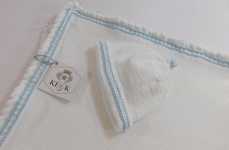 Dedication Baby Blanket, KFGK knits Gift Set with Matching Hat, Pure White Pima Cotton with Light Blue Supreme Cotton Accent, One of a kind image 8