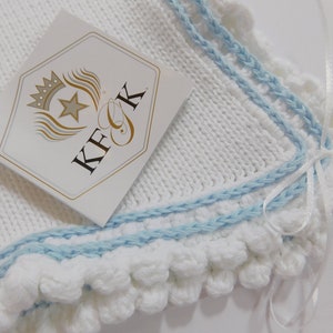 Dedication Baby Blanket, KFGK knits Gift Set with Matching Hat, Pure White Pima Cotton with Light Blue Supreme Cotton Accent, One of a kind image 5