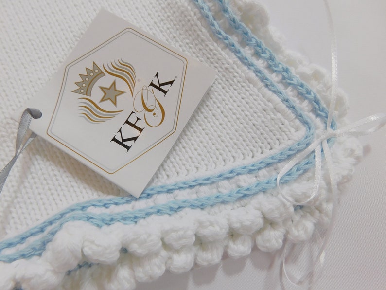 Dedication Baby Blanket, KFGK knits Gift Set with Matching Hat, Pure White Pima Cotton with Light Blue Supreme Cotton Accent, One of a kind image 5