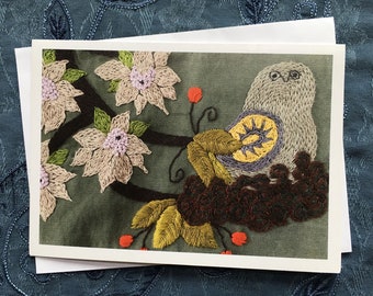 Greeting Card • “Nesting Owl” • Close up image of original embroidery design by Jen