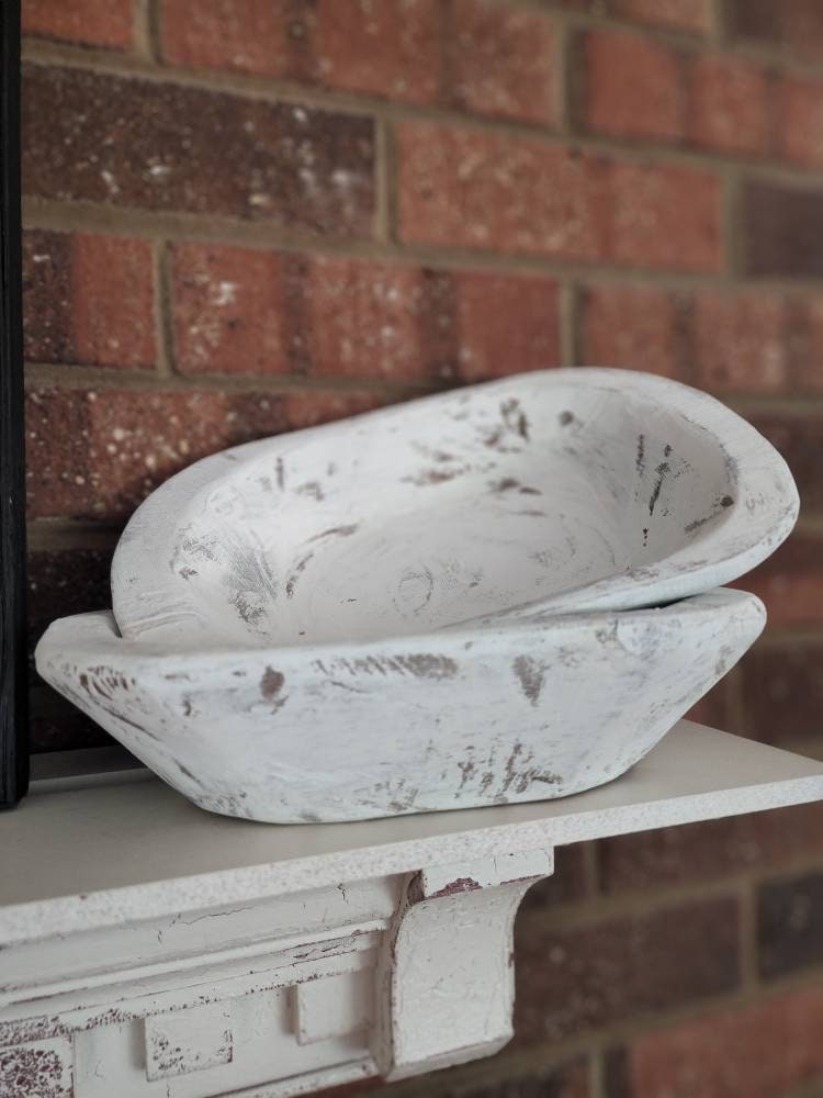 White Wood Dough Bowl Distressed Home Accent Tray Mini Size Etsy