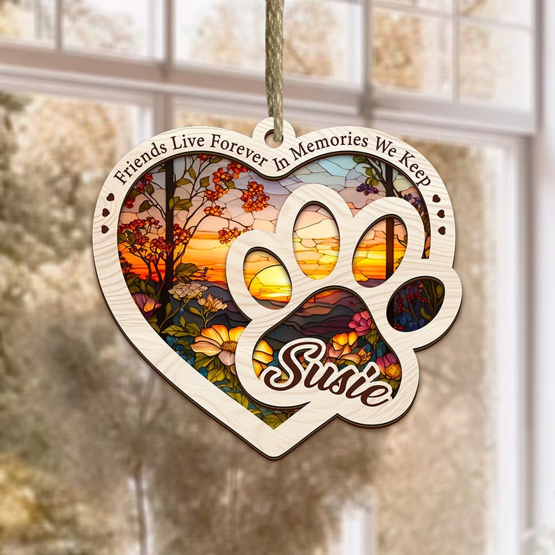 Friends Live Forever In Memories We Keep, Custom Dog Suncatcher, Loss of Pet Dog Ornament, Dog Suncatcher Window, Dog Memorial Gift zdjęcie 6