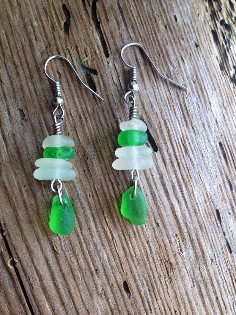 Small dangle earring stacked cairn beach glass jewelry green beach glass sea glass jewel stacked glass green earrings simple earrings