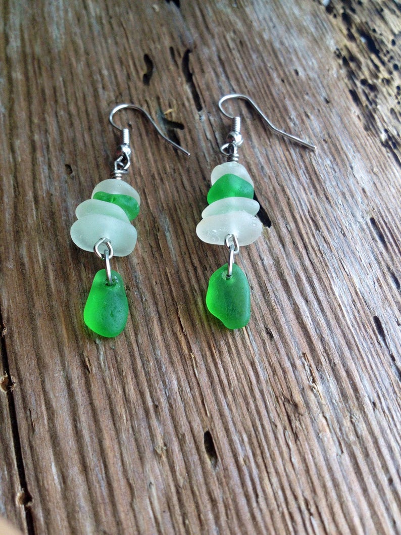 Small dangle earring stacked cairn beach glass jewelry green beach glass sea glass jewel stacked glass green earrings simple earrings