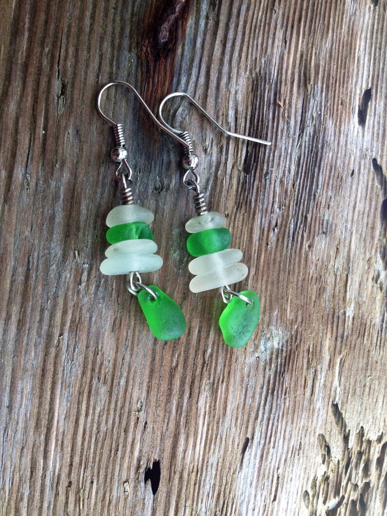 Small dangle earring stacked cairn beach glass jewelry green beach glass sea glass jewel stacked glass green earrings simple earrings