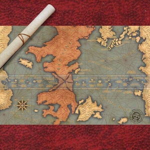 May include: A rectangular map of the world from One Piece featuring the Red Line, East Blue, West Blue, North Blue, and South Blue, with a compass rose and a skull emblem. A rolled-up parchment scroll tied with a brown cord rests on the map surface.