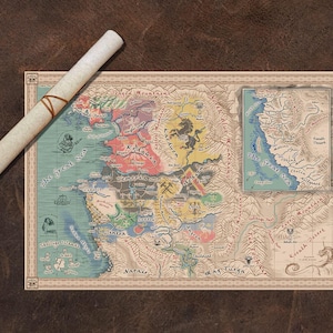 May include: A rectangular fantasy map of The Continent featuring colorful regions like Redania, Temeria, and Aedirn, with text labels for locations, mountains, and seas. A rolled parchment scroll tied with a brown cord rests beside the map.