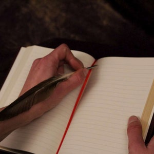 May include: A person writing in a blank journal with a brown feather quill pen. The journal has a red ribbon bookmark.