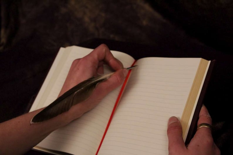 May include: A person writing in a blank journal with a brown feather quill pen. The journal has a red ribbon bookmark.