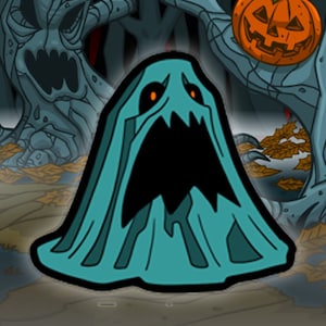 May include: A teal blue enamel pin featuring a ghost with a wide open mouth and glowing orange eyes. The pin is set against a background of a spooky forest with a jack-o-lantern and the text "Neopets". The text "Halloween Enamel Pin" is displayed below the image.