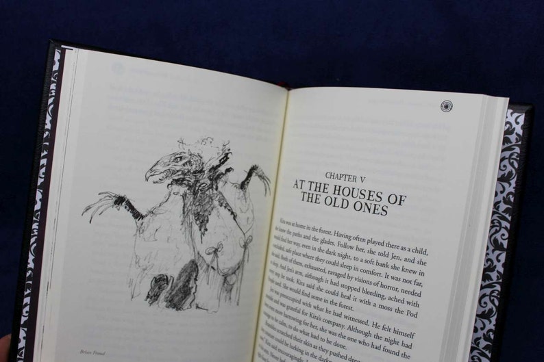 May include: A black and white illustration of a creature with a long beak and wings, from a book titled "At the Houses of the Old Ones".