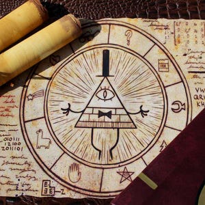 May include: A vintage-style parchment paper with a hand-drawn illustration of a triangular-shaped character with a single eye and a top hat. The character is surrounded by a circle with various symbols and text. The parchment is accompanied by two rolled-up scrolls and a red leather-bound journal with a gold symbol on the cover.