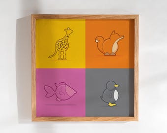 Kid's downloadable modern illustrated animals poster: 4up Version 02