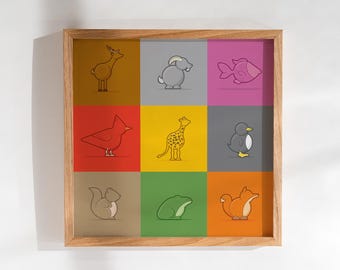 Kid's downloadable modern illustrated animals poster: 9up Version 01