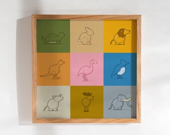 Kid's downloadable modern illustrated animals poster: 9up Version 02