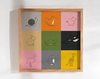 Kid's downloadable modern illustrated animals poster: 9up Version 03