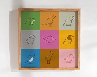 Kid's downloadable modern illustrated animals poster: 9up Version 04