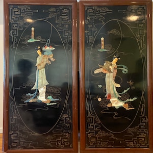 Pair of Vintage black lacquer Asian panels- extra large