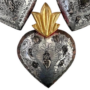 MILAGROS Heart, Wood w Embossed Tin Sacred Heart with Charms, Mexican Etched Tin, ExVotos Corazon LARGE 12”
