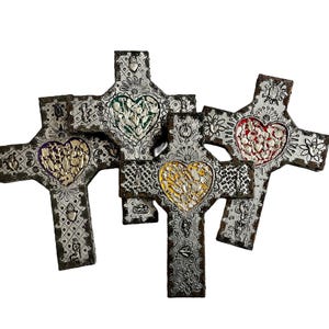 Mexican MILAGROS CROSS with HEART,  Wood with Embossed Tin, ExVotos Cross Etched Tin, Milagros Corazon 12”