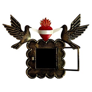 Mexican Tin Sacred Heart Nicho: Shadowbox Frame with Doves