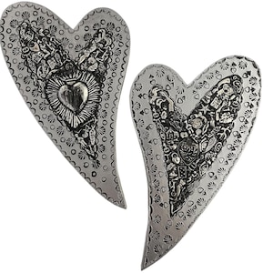 Mexican MILAGROS HEART Carved Wood Heart with Embossed Tin, ExVotos Corazon