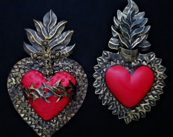 Sacred Hearts, Punched Tin Hearts, Corazon, Set (2), 10th Anniversary Gift, Tin Anniversary