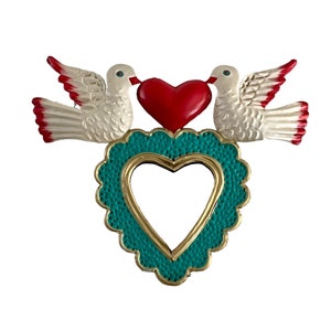 Tin HEART with DOVES and MIRROR, Sacred Heart, Mexican Tin Corazon
