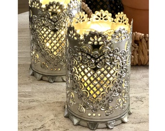 Set (2) Tin SACRED HEART LUMINARIAS, Mexican Punched Tin Corazon Candleholders