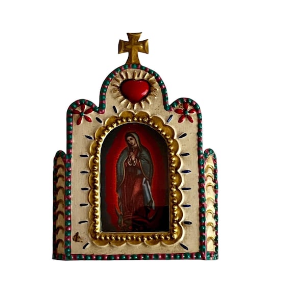 Small Church Nicho, Virgin Guadalupe Mexican Tin Heart Nicho Frame