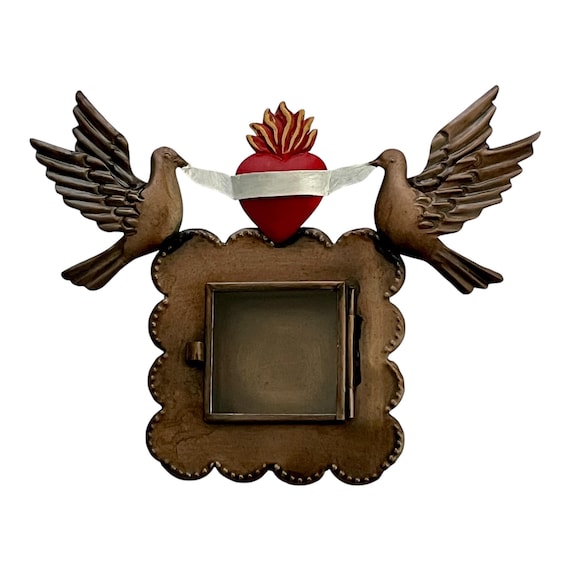 Mexican Tin Sacred Heart Nicho, Shadowbox Frame with Doves