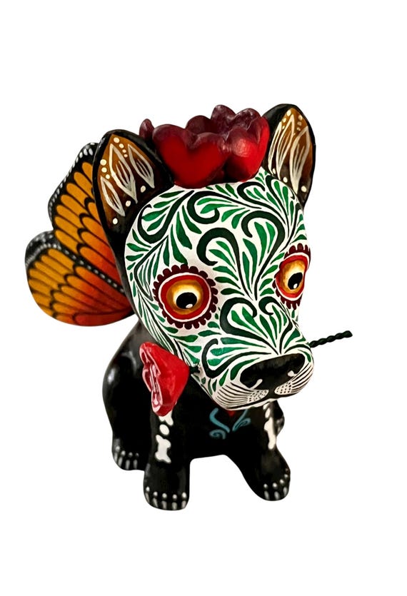 Day of the Dead Dog, Altar Ofrenda Decoration, Mexican Pottery Puebla, Angel Skeleton Puppy with Butterfly Wings