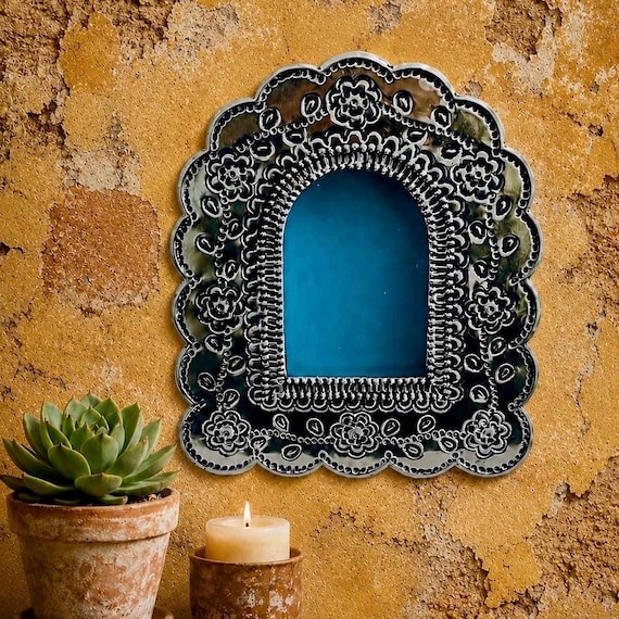 Mexican Tin NICHO, Arched Shadowbox Frame, Silver with Blue,  7 1/2"H