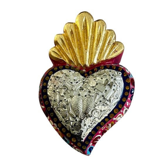 Milagros SACRED HEART, LARGE Heart with Charms, Mexican ExVotos Painted Corazon