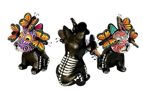 Day of the Dead Dog, Altar Ofrenda Decoration, Mexican Pottery, Skeleton Puppy with Butterflies