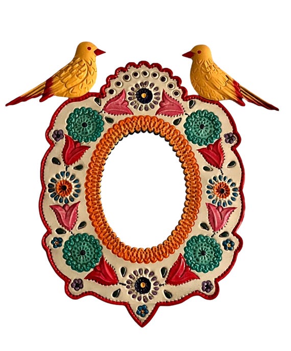 Mexican TIN MIRROR with Birds, Hand Painted Oval Mirror LG 13”H