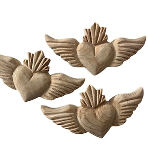 Set (3) DIY Craft Hearts with Wings, Set Carved Wood SACRED HEARTS, Winged Hearts  Mexican Corazons