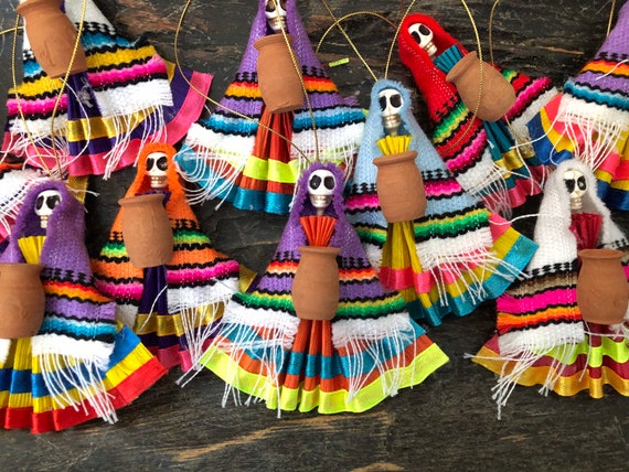 Day of the Dead Catrina Ornaments, Set (4) CORN HUSK Mexican Christmas Decorations