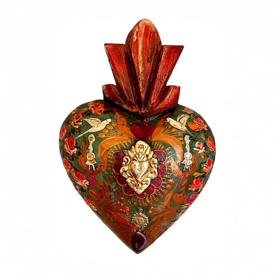 SACRED HEART, Painted Milagro Heart w Doves, Mexican Corazon