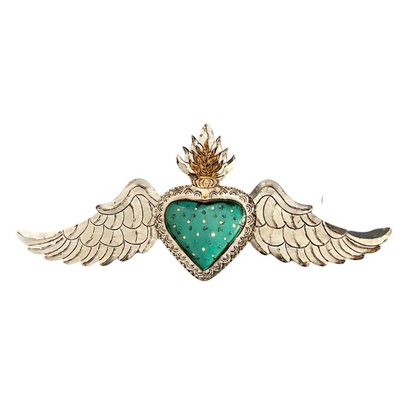 XLG 38" SACRED HEART Tin Luminaria, Punched Tin Heart Light, Winged Heart, Aqua Heart with Silver Wings 38”