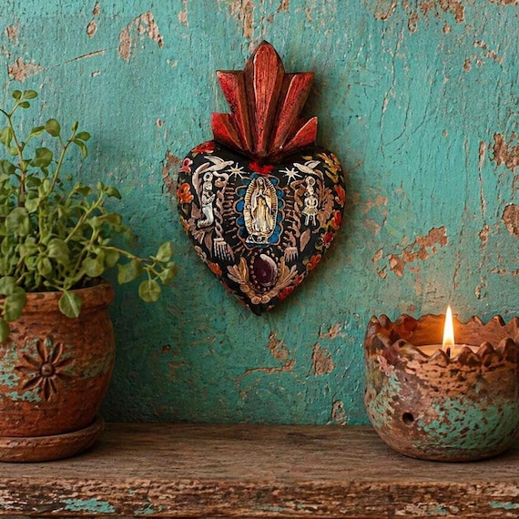 Virgin GUADALUPE Sacred HEART, Mexican Corazon w Doves, Milagros 7"H