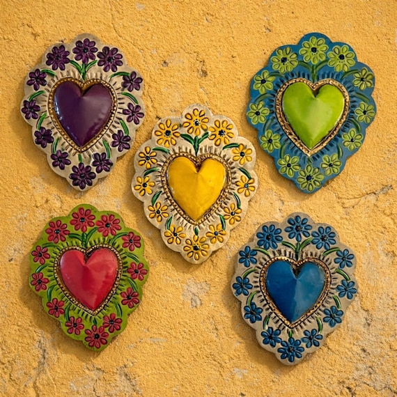 Mexican TIN HEART with Flowers, Painted Tin Corazon