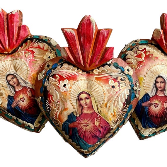 SACRED HEART of Mary, Virgin Mary Heart w Milagros, Mexican Corazon w ExVotos, Immaculate Heart of Mary LARGE 10”