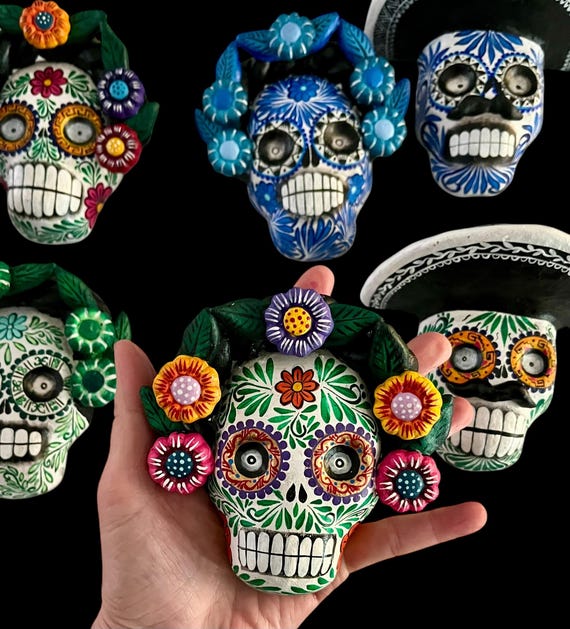 Sugar SKULLS SET, Day of the Dead Calaveras Pair, Catrin & Catrina Ornaments, Altar Decorations, Mexican Clay Pottery SET (2)